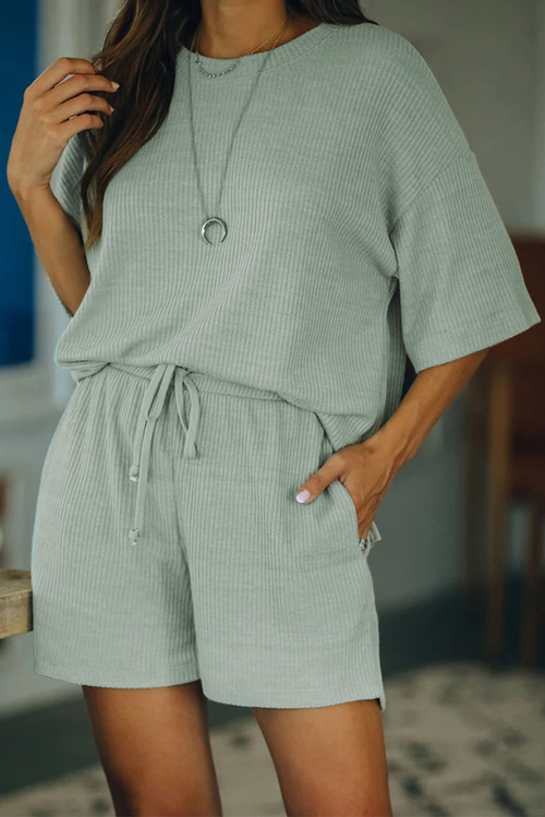 Green Crew Neck Short Sleeve Ribbed Lounge Set