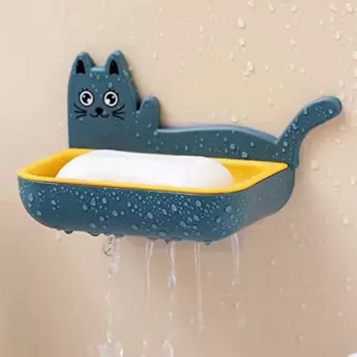 Wall Mounted Double Layers Cat Shape Plastic Soap Holder for Bathroom