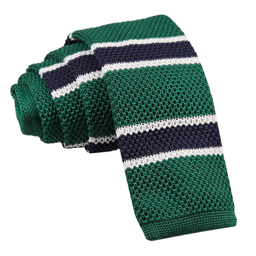 Knitted Stripe with 2 Borders Skinny Tie - Knitted Green, Navy with