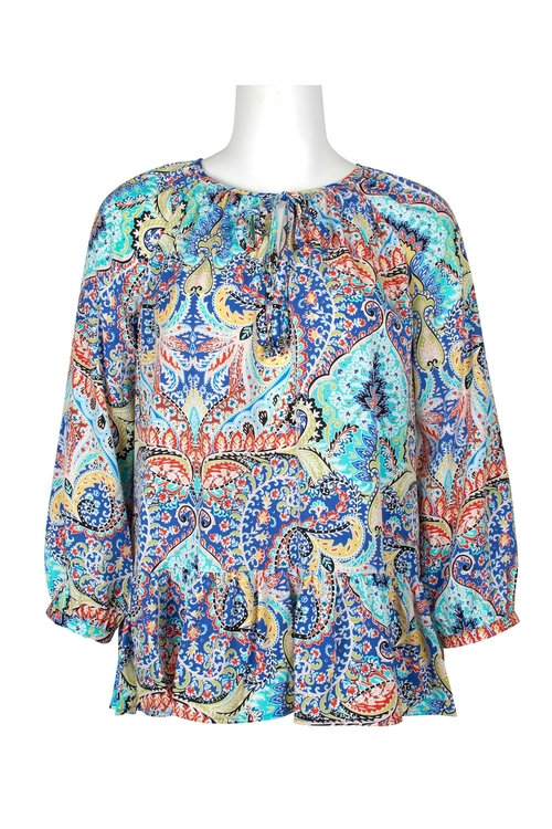 Cupio Crew Neck 3/4 Sleeve Tie Neck Paisley Print Polyester Top