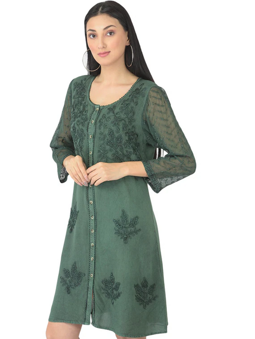 Green Rayon Regular Dress (Size-S) (Color-GREEN)
