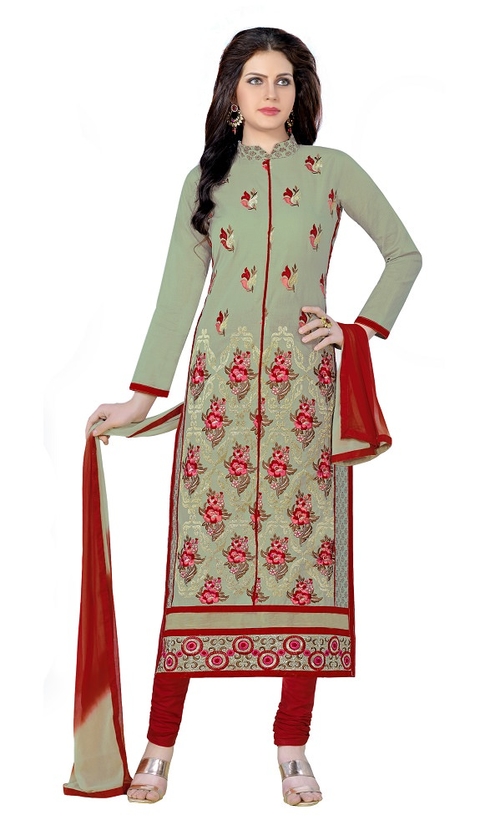 Light Olive Green Cotton Embroidered Party Wear