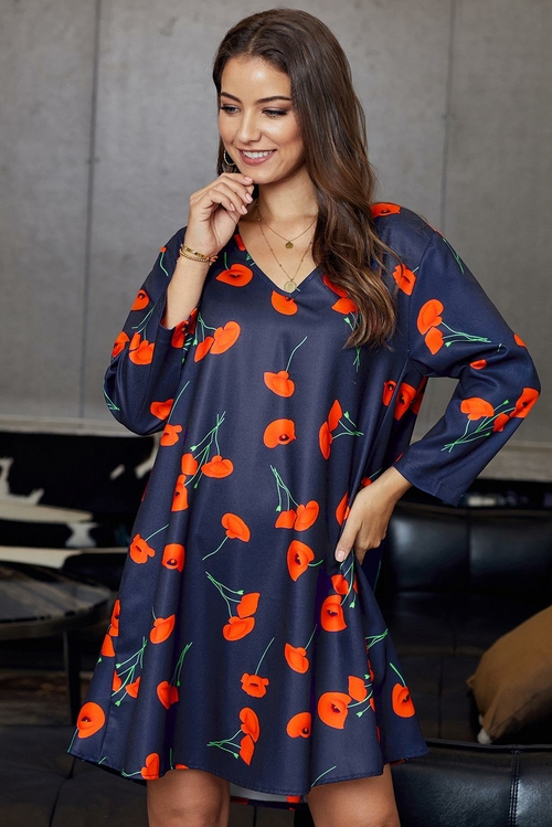 Blue Printed V-Neck Three Quarter Sleeve Loose Dress