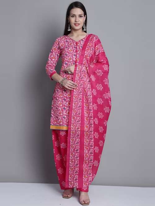Women V- Neck Printed Suit Set (Size-S) (Color-Pink)