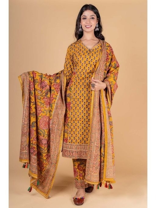 Golden Mustard Block Printed Kurta Dupatta (Set of 3)