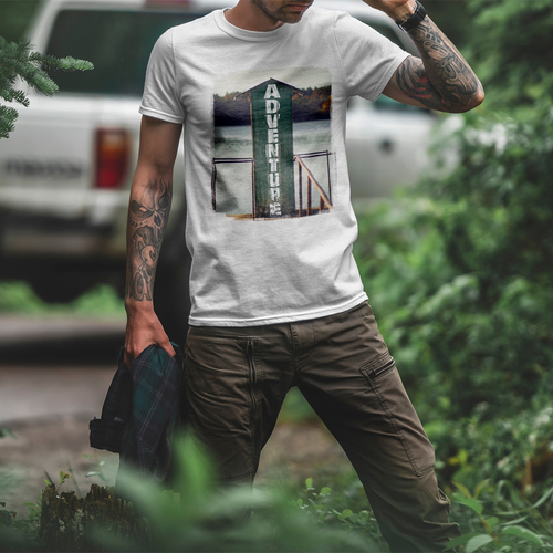 GOTS Organic Cotton T-Shirt – Rustic "Adventure” Cabin Design