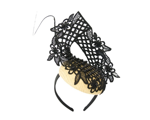 Natural & black racing fascinator with beaded lace