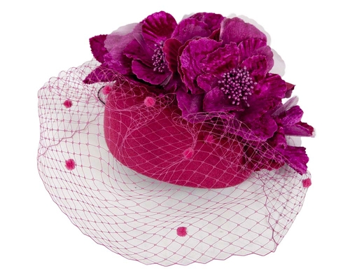 Fuchsia winter racing felt pillbox with flower and veiling