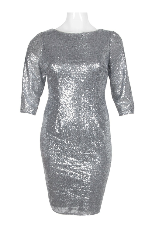 Adrianna Papell Boat Neck 3/4 Sleeve Bodycon Zipper Back Sequin Mesh