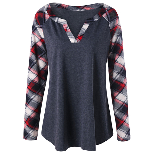  Plaid Printed Patchwork Lady T Shirt Autumn