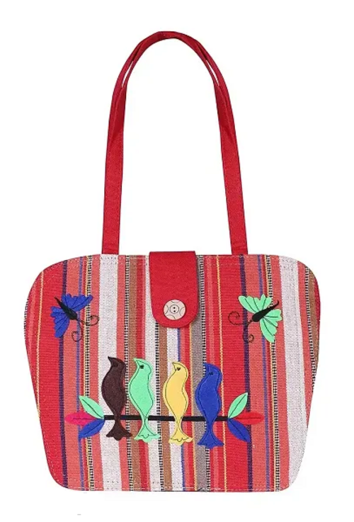 Women's Jute Printed Designer Large Size Casual Shoulder Handbag (Red)