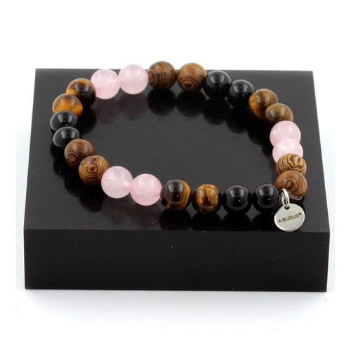 Rose Quartz + Tiger Eye + Black Agate + Wood Bracelet 8 mm Beads.