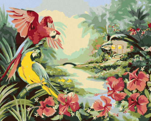 Zuty - Paint by Numbers - A MACAW PARROT AND FLOWERS NEXT TO THE RIVER