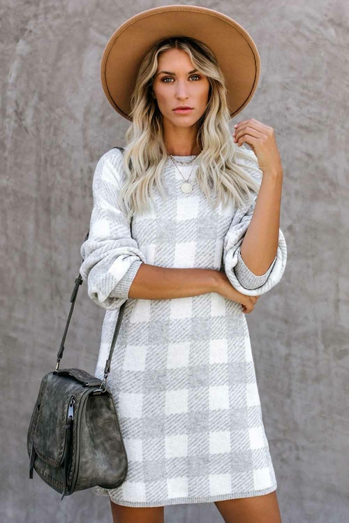 Gray Gingham Balloon Sleeve Sweater Dress