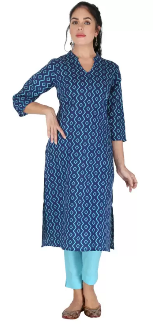 Women Geometric Print Viscose Rayon Straight Kurta  (Blue) Size L