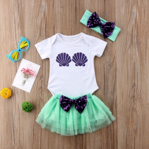 3PCS Kids Baby Girl Shell Bodysuits Short Dress