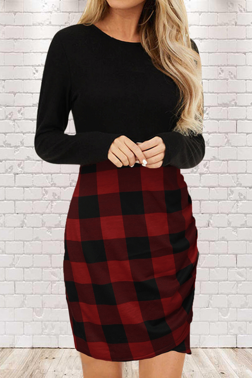 Red Plaid Splicing Ruched Black Long Sleeve Mini Dress