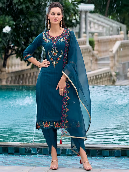 Women Embroidered Three Quarter Sleeves Suit Set (Size-M) (Color-Teal