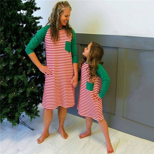 2018 Xmas Mom Girls Striped Matching Dress Family