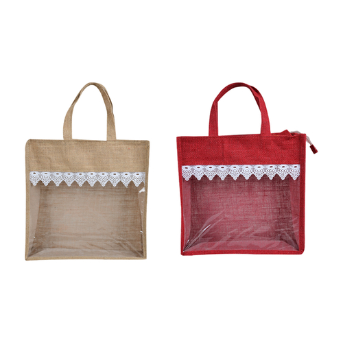 Combo of Brown and Red Color Transparent Window Jute Gift Bags