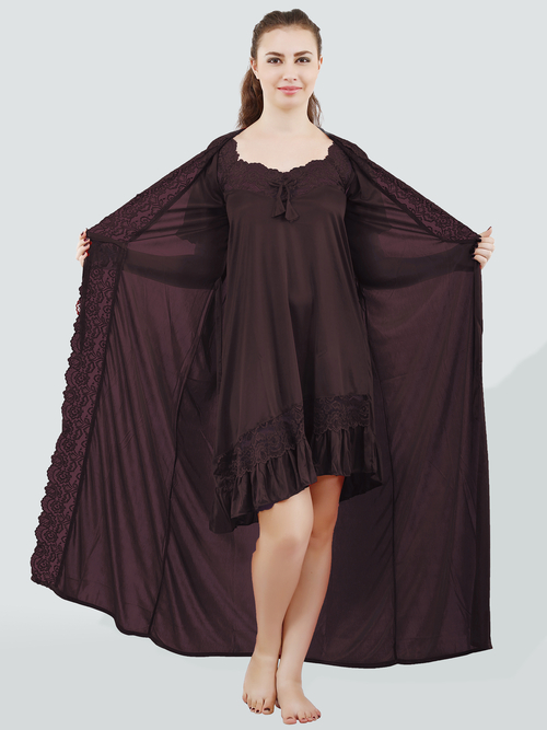 Romaisa Women's Satin Solid Brown Nighty with Robe
