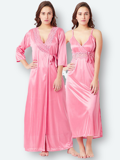 Romaisa Women's Satin Solid Pink Maxi Length Nighty with Robe