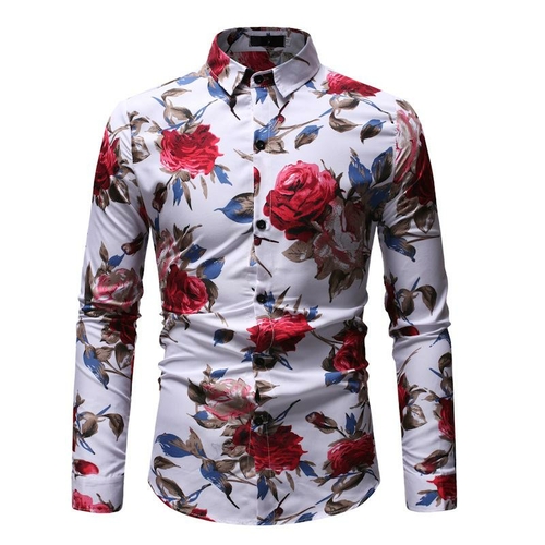 Flower Print Mens Long Sleeve Shirt Casual Tops Cotton Slim Fit Shirts