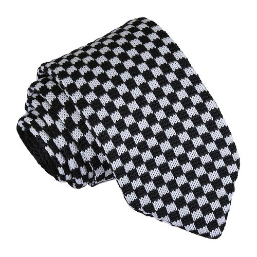 Check Knitted Slim Tie - White & Black