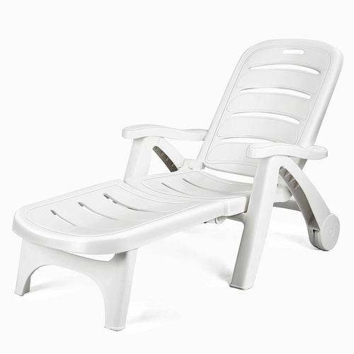 Folding White Sun Lounger Recliner Chair Beach Pool Seat with Wheel