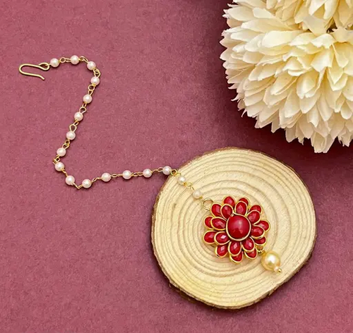 Maroon Kundan and pearl Cute maangtikka for Women and Girls