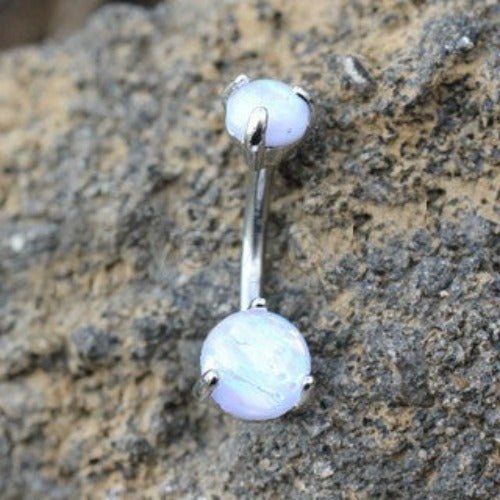 316L Stainless Steel Navel Ring with Prong Set White Synthetic Opal