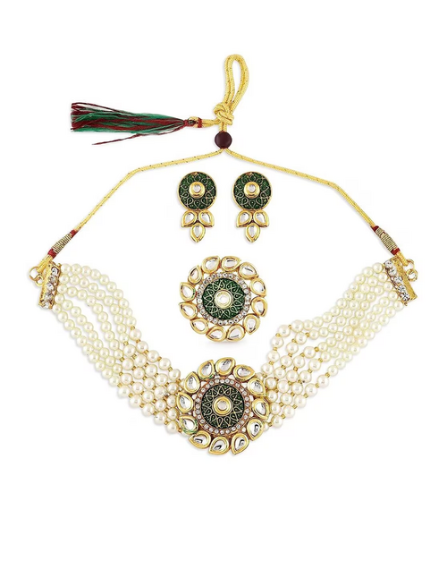 Gold-Plated Stone-Studded Round Design Necklace & Earrings Set