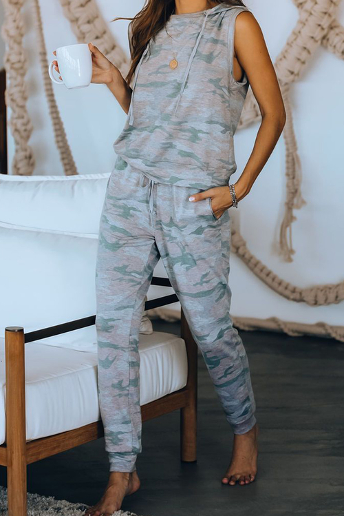 Sleeveless Knit Camo Hoodie Joggers Set