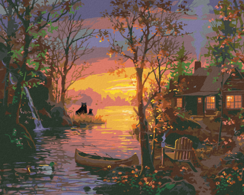 Paint by Numbers - SUNSET BY THE RIVER, BEARS, DUCKS AND A CABIN