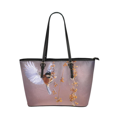 Large Leather Tote Shoulder Bag - Purple Hummingbird Illustration
