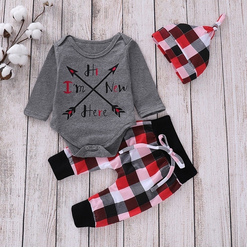 autum Baby Letter Arrow Printed Romper Plaid Pants