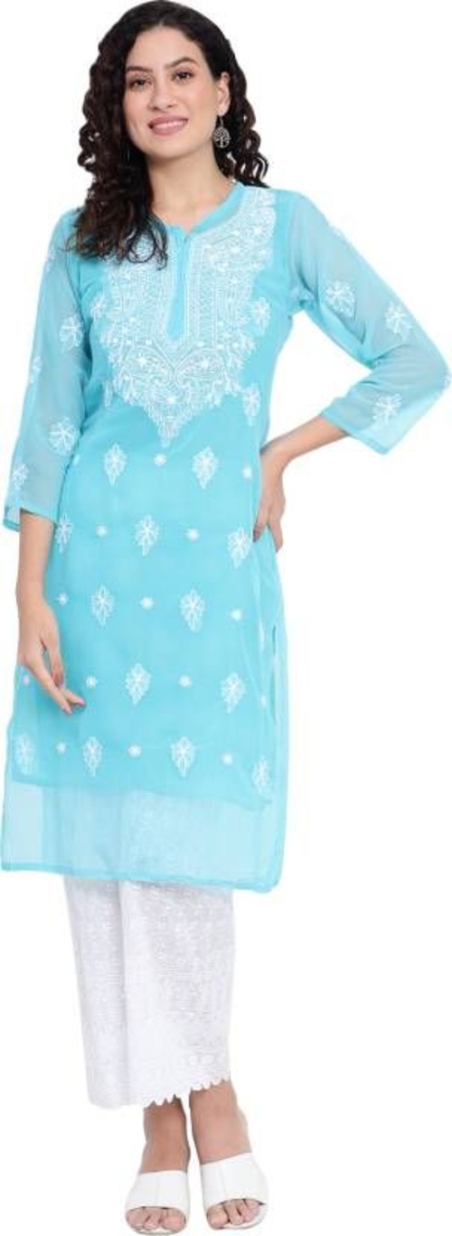 Women Chikanari 3/4th Sleeve  Embroidery Georgette Straight Kurta 