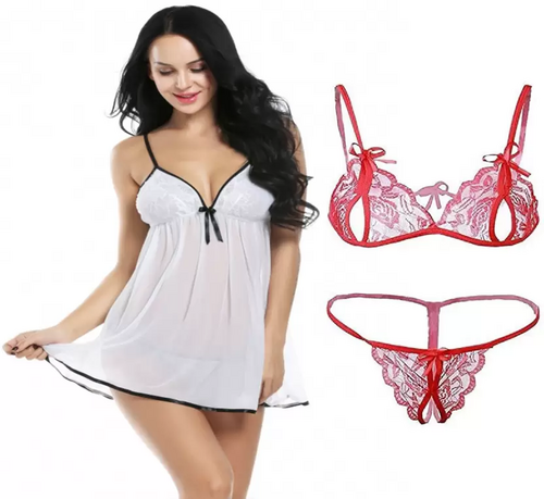 Women's Bra & Panty Set Self Design White, Red Lingerie Set (Size 34)