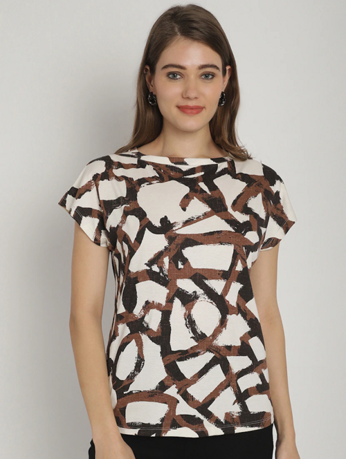 Cream Cotton All Over Print Tshirt(SizeM)(ColorBrown)
