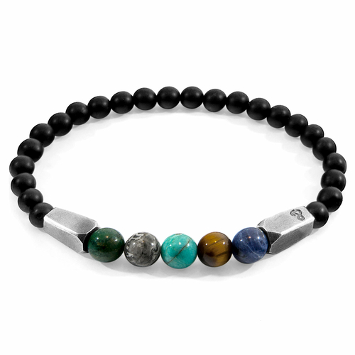 Multicoloured Multi-Gem Hukou Silver and Stone Bracelet