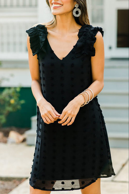 Black Swiss Dot V Neck Ruffled Sleeveless Mini Dress