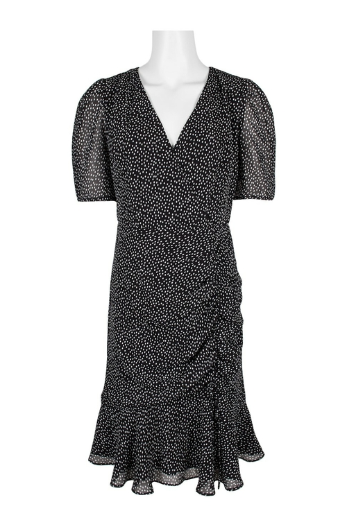 Adrianna Papell V - Neck Short Sleeve Gathered Side Flutter Zipper