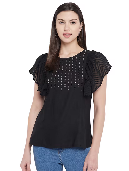 Women'S A Line Round Neck Top (Size-S) (Color-Black)