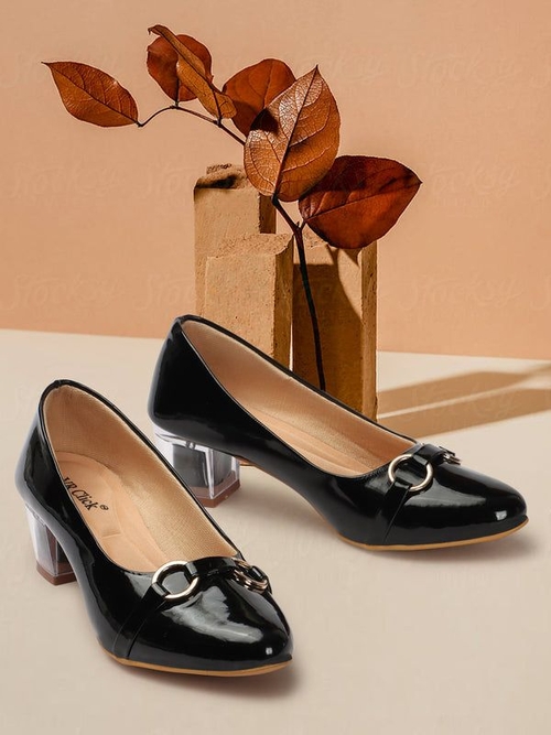 Chunky Heeled Pumps with Ring Accent (Size-39) (Color-BLACK)