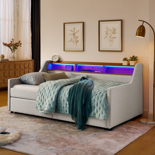 Twin Size Upholstery Sofa Bed with Three LED lights, with Storage