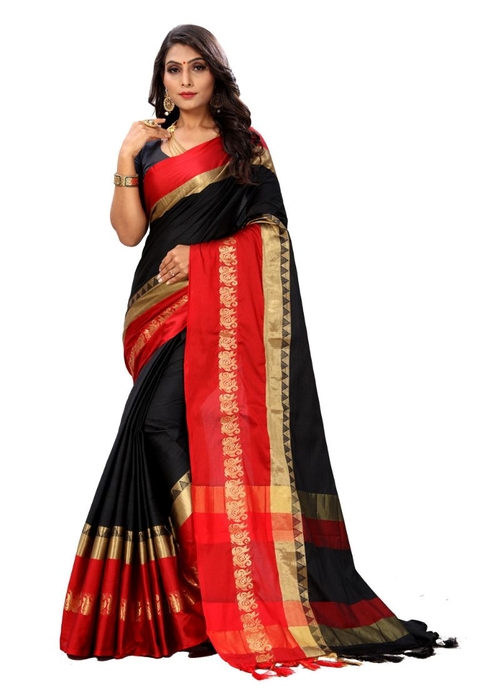 Generic Women's Cottton Silk Saree (Black and Red,