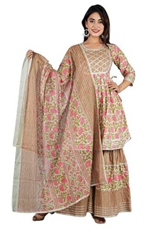 Women's Cotton Printed Kurti with Sharara and Dupatta Set
