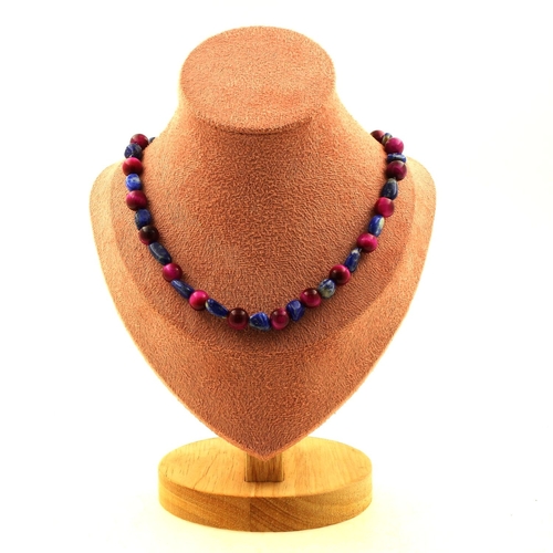 Lapis Lazuli from Pakistan + Fuchsia Tiger's Eye 8 mm beads necklace.