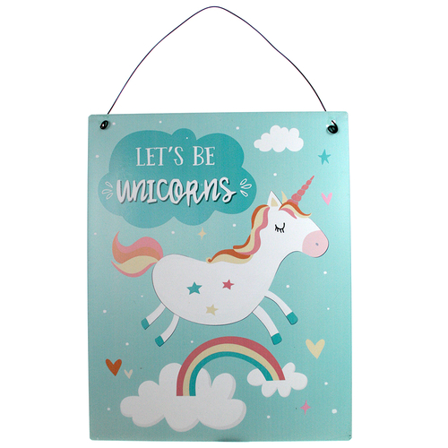 Blue Let's Be Unicorns Metal Sign