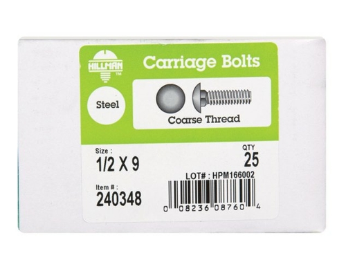 Hillman 240348 0.5 x 9 in. Zinc Plated Carriage Screw Bolt